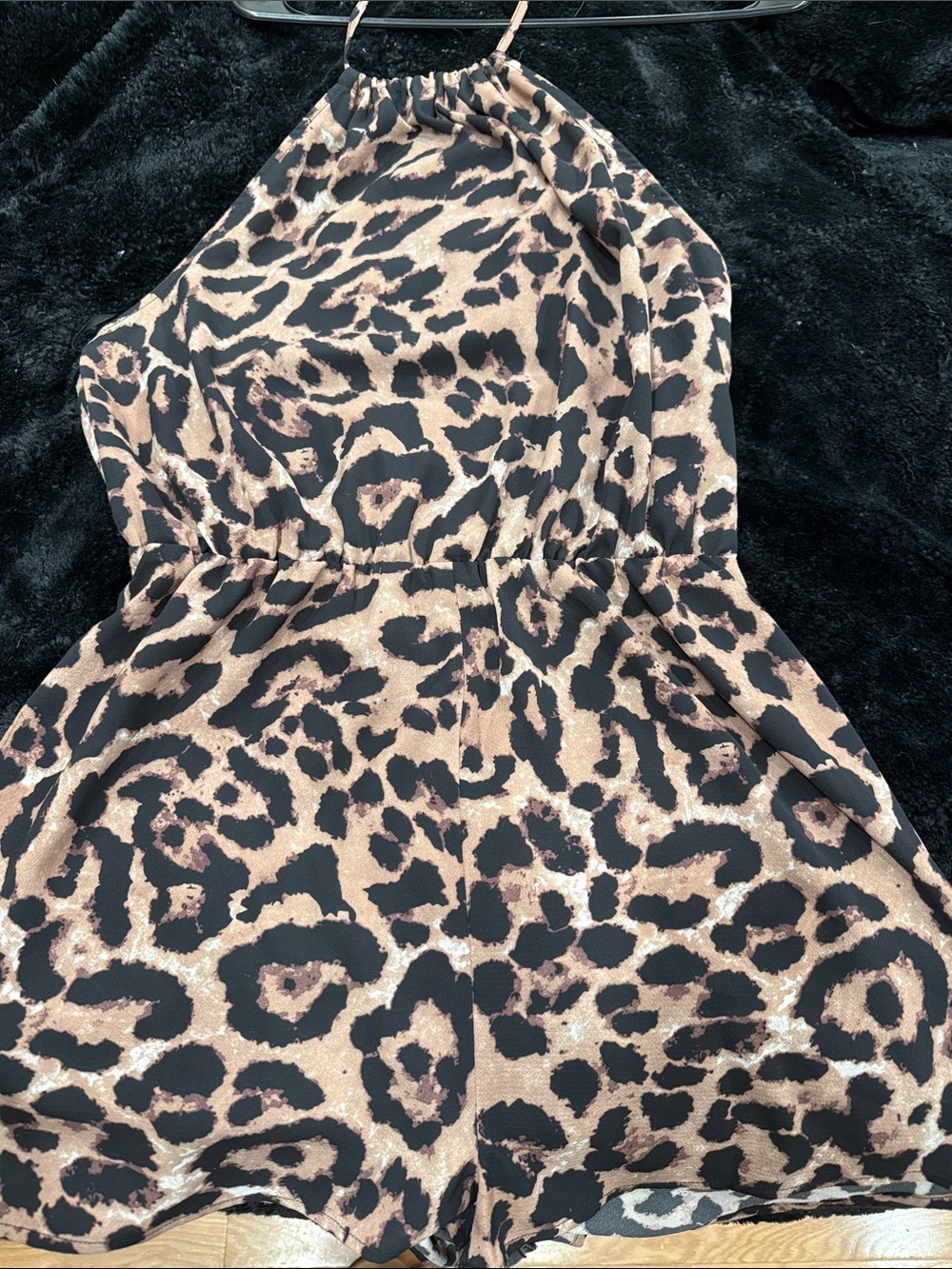 SHEIN Black and Tan Leopard Print Halter Romper